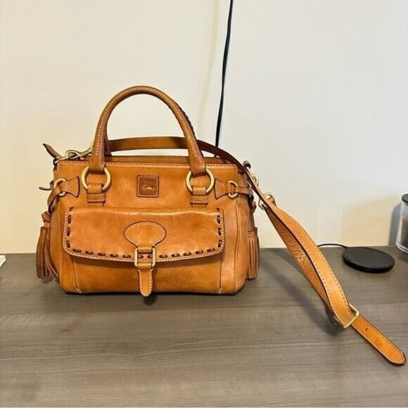 Dooney & Bourke Florentine Pocket Vaccheta Leather Satchel Bag Cognac - Picture 3 of 13